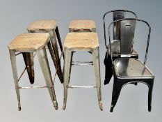 A set of four pine and metal laboratory stools and further pair of chairs
