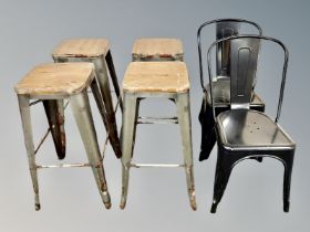 A set of four pine and metal laboratory stools and further pair of chairs