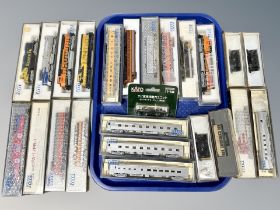 Kato N scale die cast locomotives and rolling stock, as illustrated.