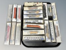 Kato N scale die cast locomotives and rolling stock, as illustrated.