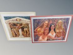 Two contemporary mixed media relief pictures depicting women dancing