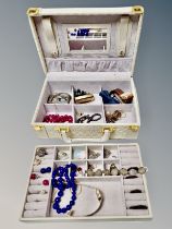A contemporary jewellery chest and contents to include coin bracelet, costume jewellery,