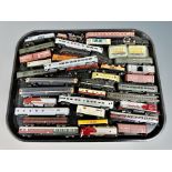 A group of N scale die cast locomotives and rolling stock including Bachmann,