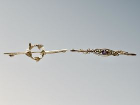 Two 9ct gold bar brooches set with amethyst/seed pearls. CONDITION REPORT: 6.