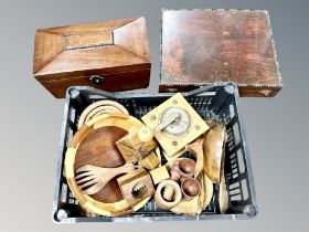 A tray of wooden items, coffee bean grinder, sarcophagus shaped box,