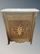 A 20th century French gilt metal mounted burr walnut and satinwood inlaid side cabinet with white