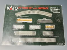 A Kato N scale F7 train set with unitrack Denver & Rio Grande Western 106-0008 in box