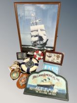 A group of nautical items, three knot montages, wall clock, mirror,