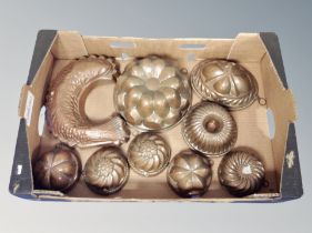 Nine assorted copper jelly moulds