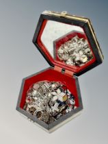 An inlaid hexagonal jewellery box with mirrored lid and white metal costume jewellery etc