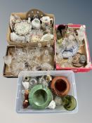 Four boxes of 20th century glass ware, Dartington champagne flutes, ceramics, commemorative china,