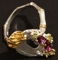 African Rhodolite gemstone sterling silver multi toned gold plated ring with Cubic Zirconia.
