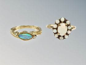 A 9ct gold opal ring and similar cluster ring, sizes L and N respectively.