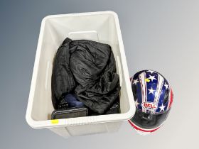 A motorcycle helmet, gloves,