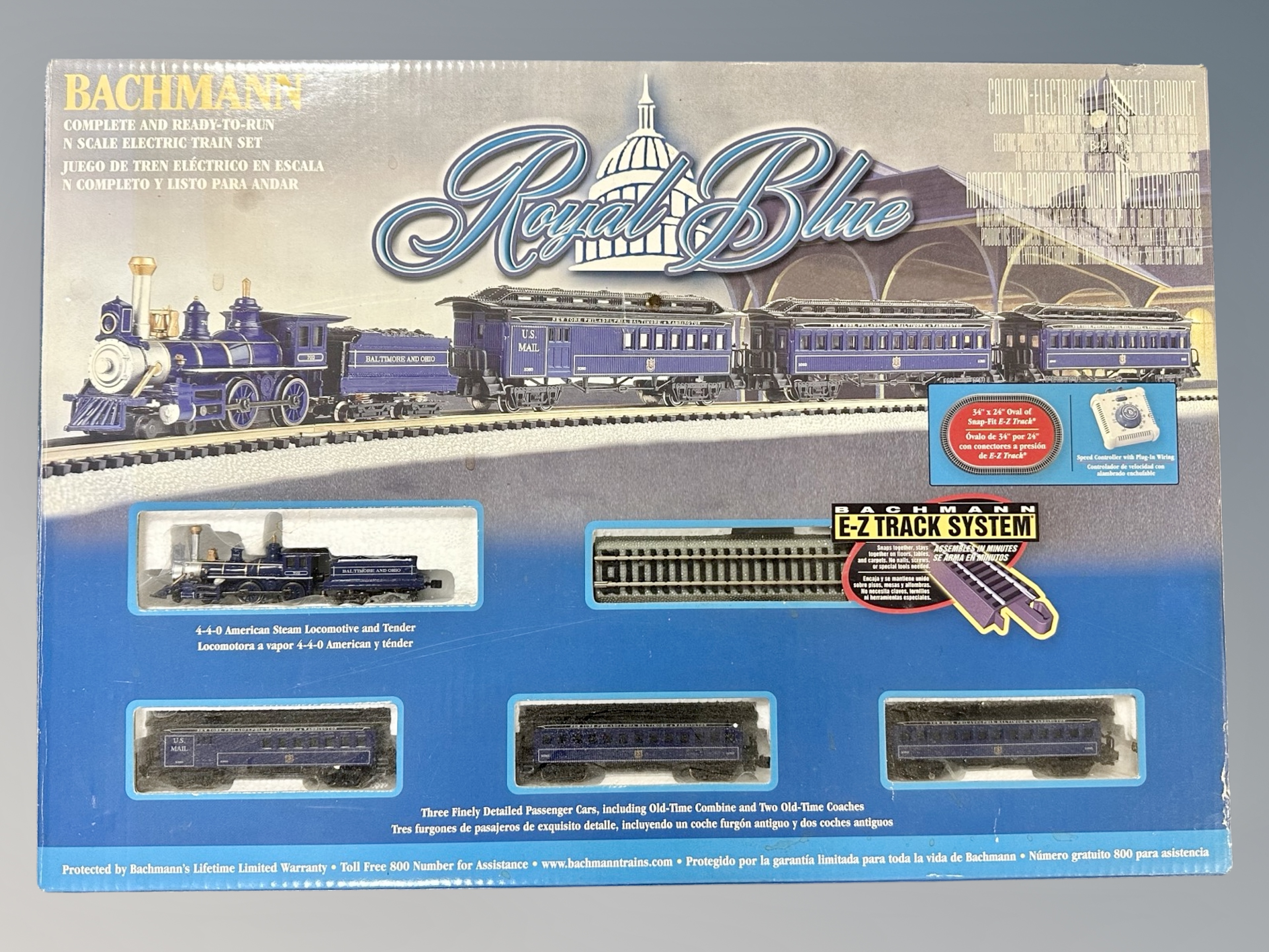 A Bachmann N scale Royal Blue train set in box
