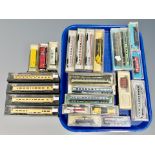 Assorted N scale die cast locomotives and rolling stock by model Power, Rivarossi,