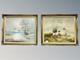 A contemporary oil on canvas depicting a setter with pheasants and further oil depicting ducks in