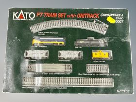 A Kato N scale F7 train set with unitrack Chesapeake & Ohio 106-0007 in box