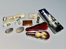 A Victorian painted papier maché glove box, miniature violin in case,