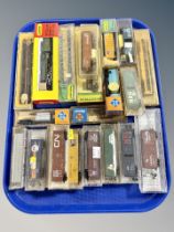 A group of die cast N scale locomotives and rolling stock including Minitrix by Hornby,
