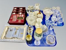 A collection of 20th century glass ware, box set of wine glasses, cocktail shakers,