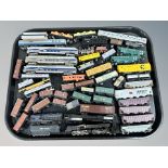 A group of unboxed N scale die cast locomotives and rolling stock including Bachmann,