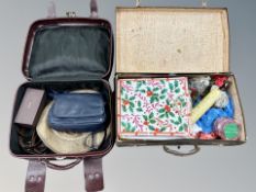 Two leather luggage cases and contents, christmas decorations,