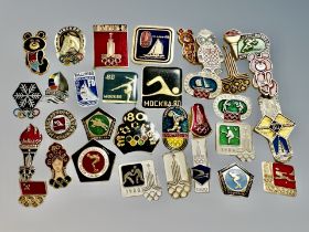 A group of thirty-two 1980 Moscow Summer Olympic Games pins