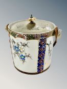 An Oriental export porcelain biscuit barrel with silver plated lid,