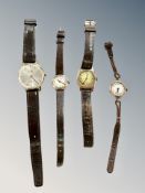 Three vintage 9ct gold cased wristwatches together with a further Gent's gold plated watch (af)