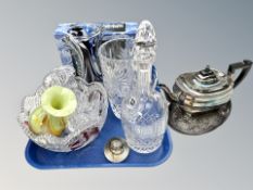 A two-tone crystal fruit bowl, Edinburgh Crystal decanter with stopper, Art glass vase, paperweight,