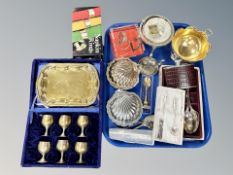 A group of plated wares, cutlery, shell dishes, leather mounted hip flask,