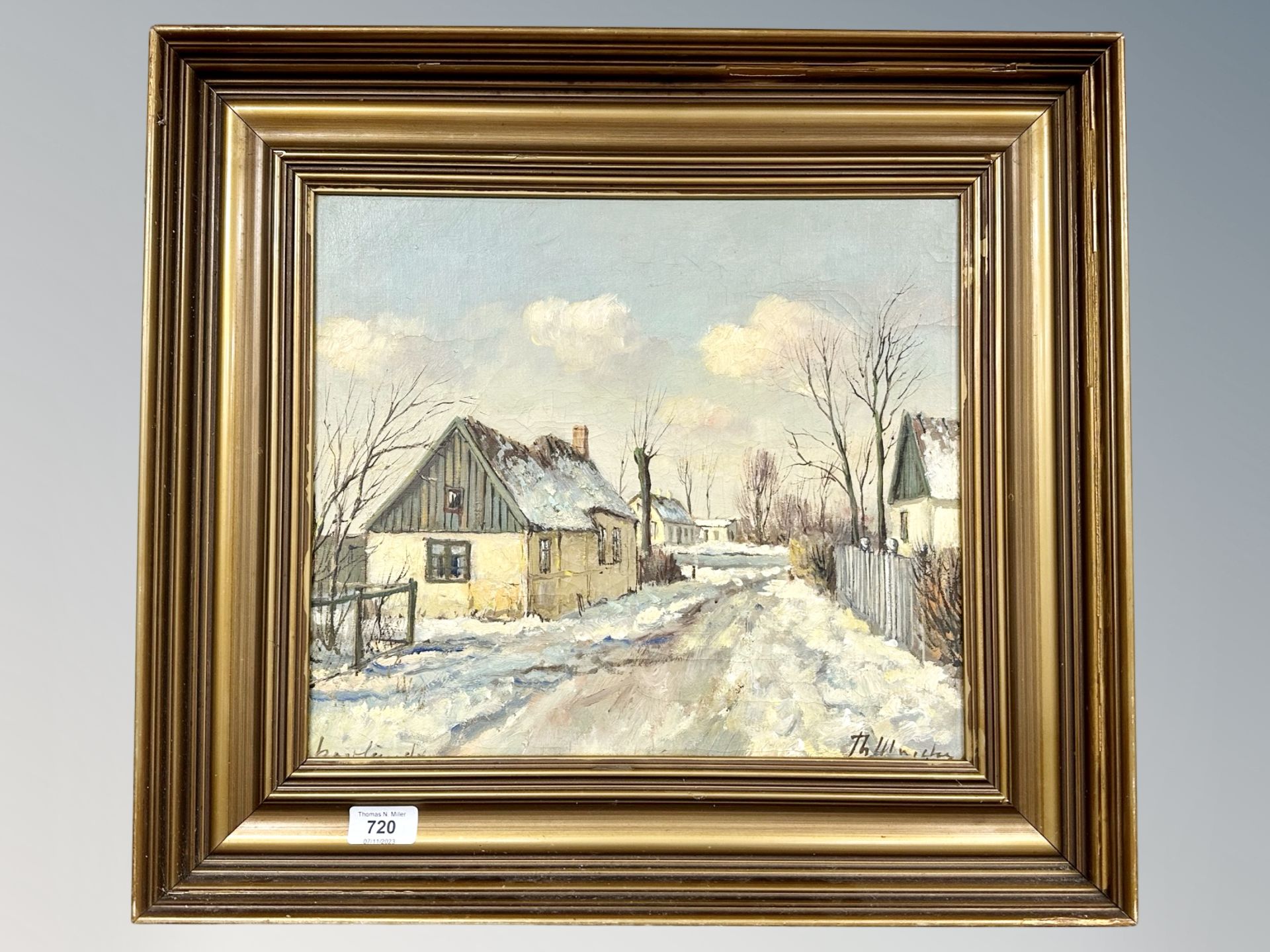 Danish school : Snow lined street, oil on canvas,