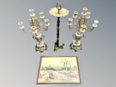 A pair of ornate silver plated table candelabra together with a further wooden and brass smoker's