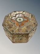An Islamic hardwood brass and copper mounted octagonal jewellery casket,
