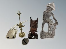 A group of Oriental wares, opium pipe, carved figure of Buddha, figure of a fisherman,