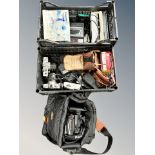 Two crates of vintage and later cameras, Panasonic video camera, portable MP3 player,