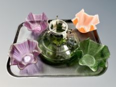 Four envelope glass dishes and further glass oil lamp base