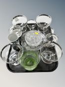 A tray of glass ware, set of four silver plated mounted bowls, further grapefruit dishes,