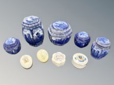 Five Ringtons blue and white Cathedral caddies,