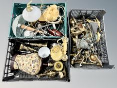 Three crates of brass companion pieces, vintage style plastic telephone,