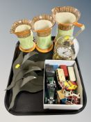 Three graduated Myott and Son Art Deco jugs, Kundo anniversary clock,