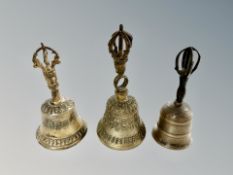 Three antique Tibetan brass vajra bells,