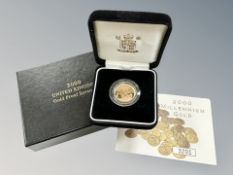 A United Kingdom 2000 Millennium gold proof full sovereign, boxed with limited issue certificate.