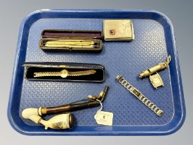 A Continental pipe with ceramic bowl together with cased razors, Hudson 1943 whistle,