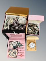 A collection of costume jewellery, necklaces, Timemaster pocket watch, rings, earrings,