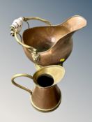 A brass and copper coal scuttle and similar milk jug
