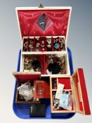 A jewellery casket and contents including costume jewellery, micromosaic brooches,