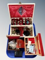 A jewellery casket and contents including costume jewellery, micromosaic brooches,