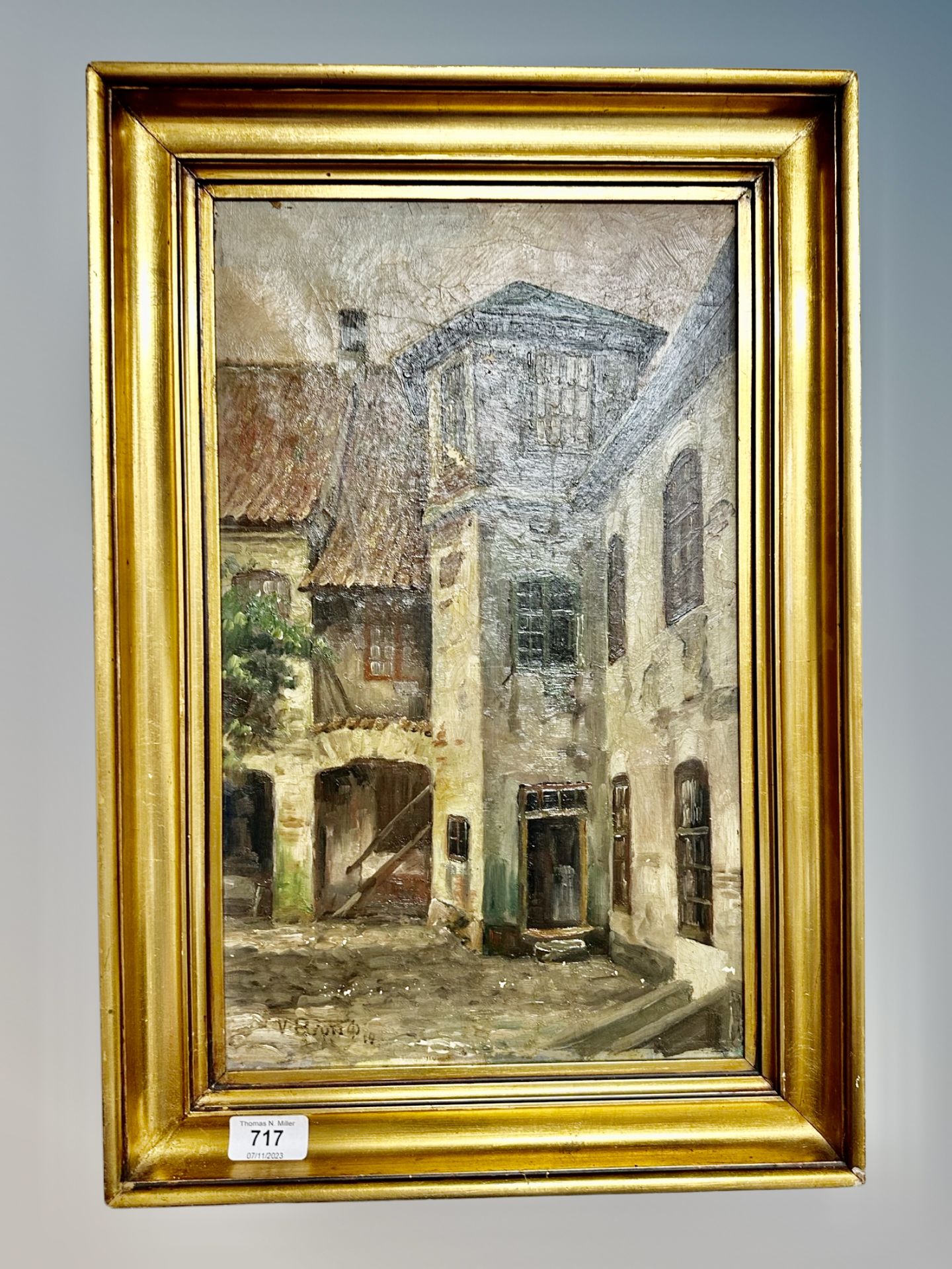 V Bruno : Building with courtyard, oil on canvas,